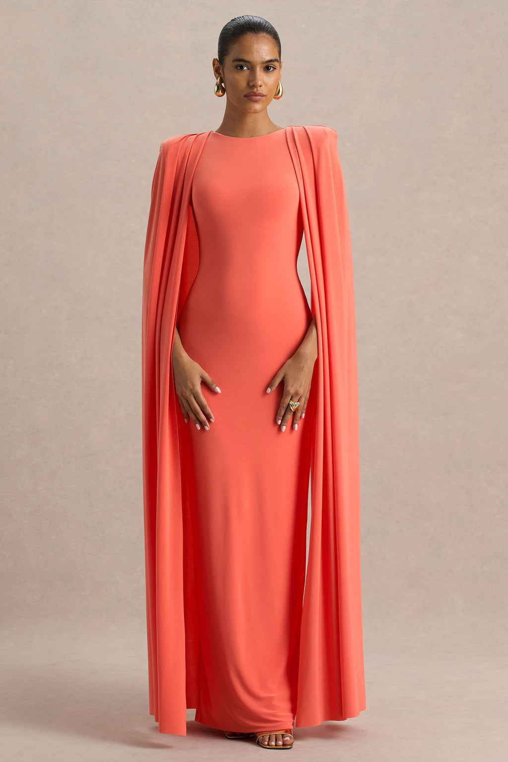Mimi | Coral Jersey Round Neck Long Sleeve Maxi Dress With Cape