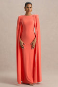 Mimi | Coral Jersey Round Neck Long Sleeve Maxi Dress With Cape
