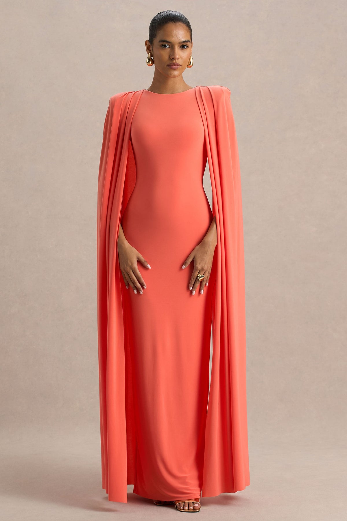 Mimi | Coral Jersey Round Neck Long Sleeve Maxi Dress With Cape