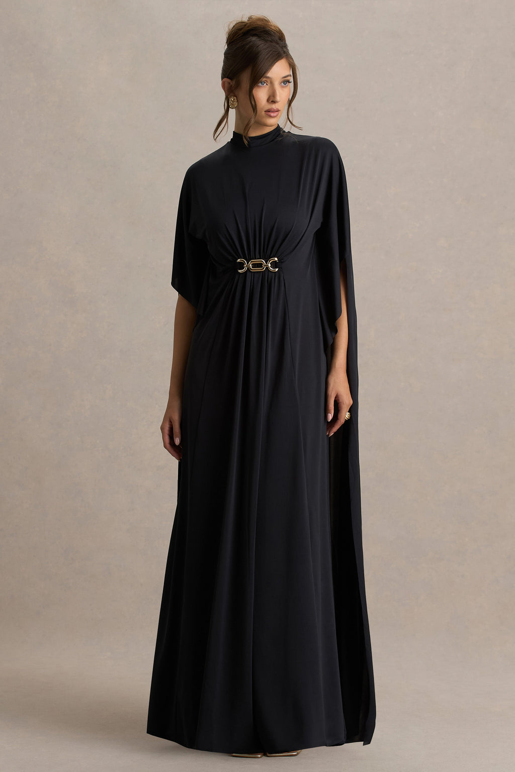 Olessia | Black Belted Gathered Cape-Sleeve Maxi Dress