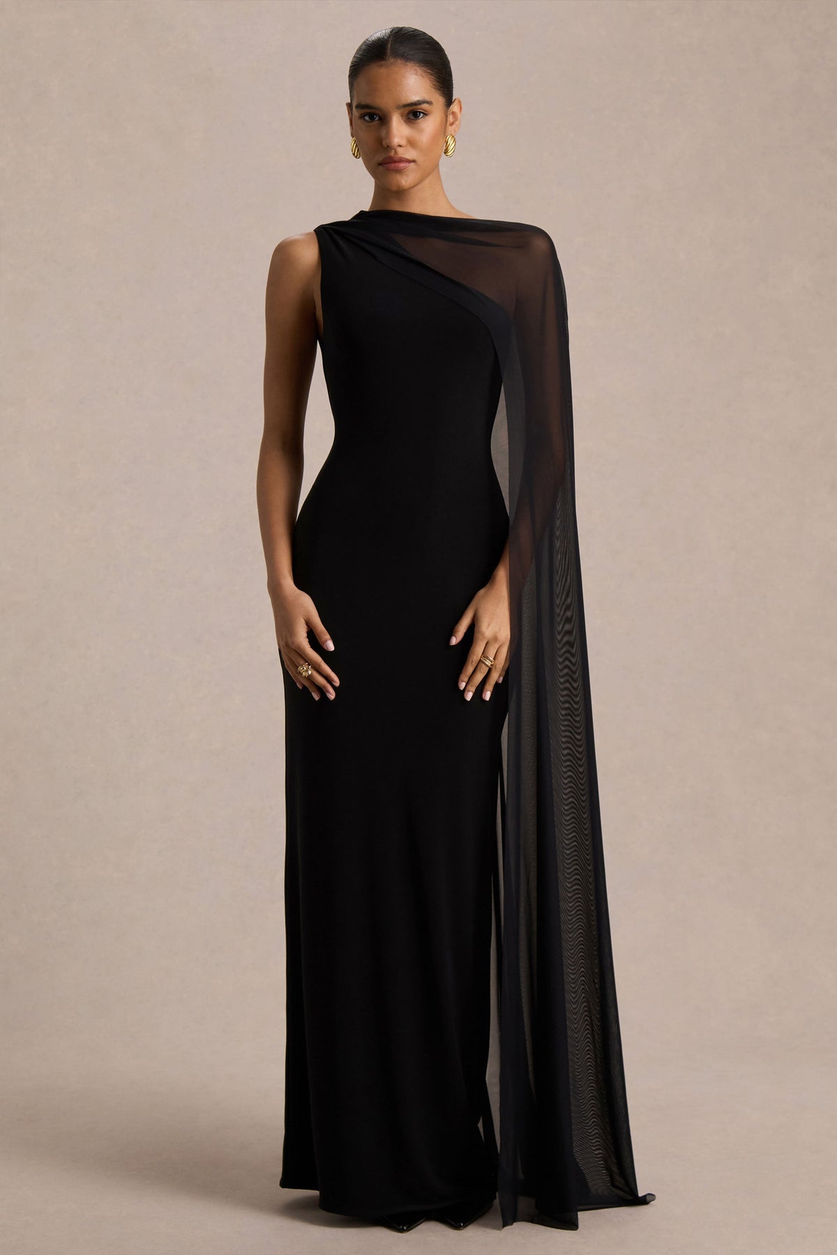 Mirelle | Black Jersey Boat Neck Maxi Dress With Mesh Cape And Back Split