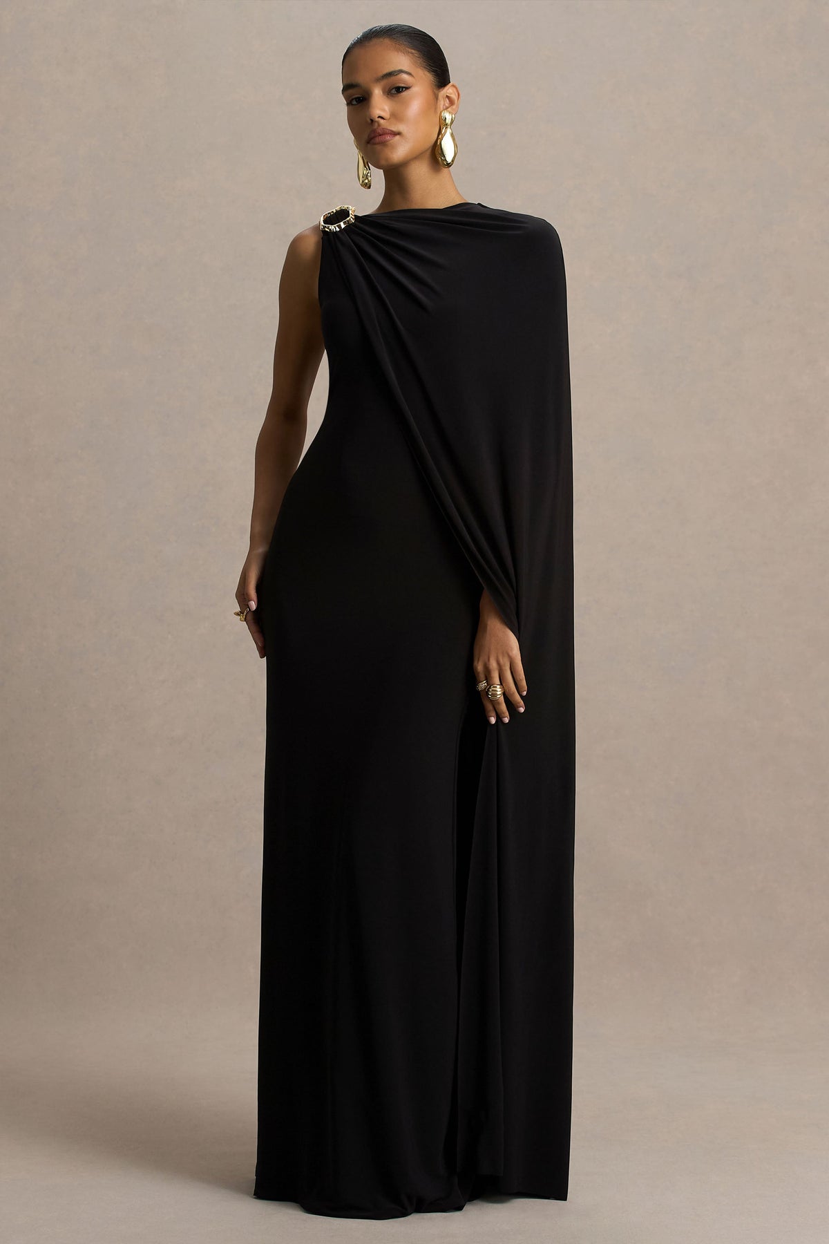 Cressida | Black Asymmetric-Neck Maxi Dress With Cape And Gold Detail