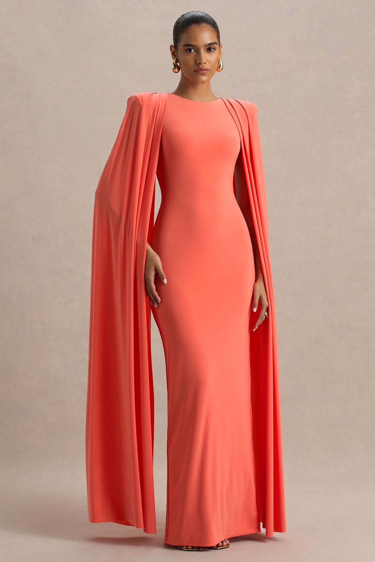 Mimi | Coral Jersey Round Neck Long Sleeve Maxi Dress With Cape