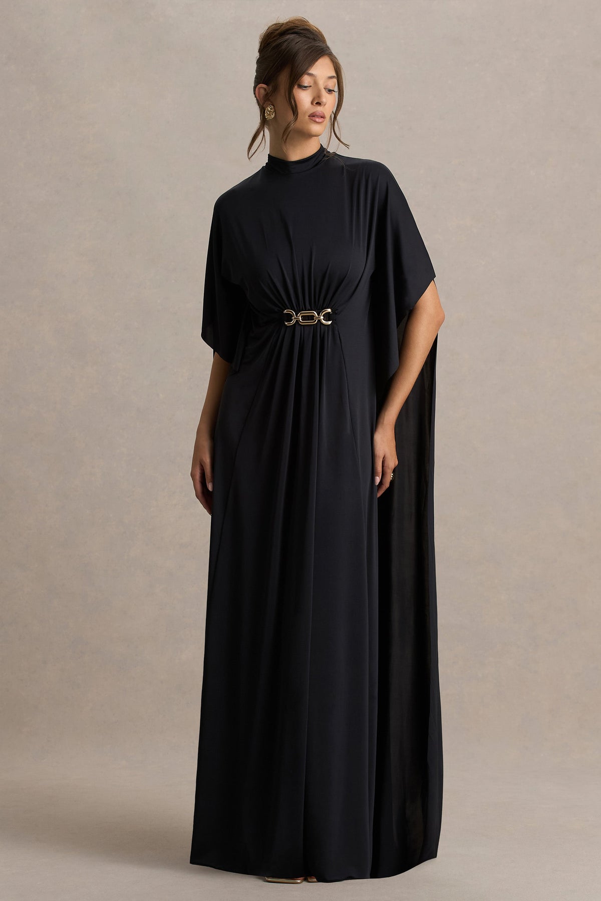 Olessia | Black Belted Gathered Cape-Sleeve Maxi Dress