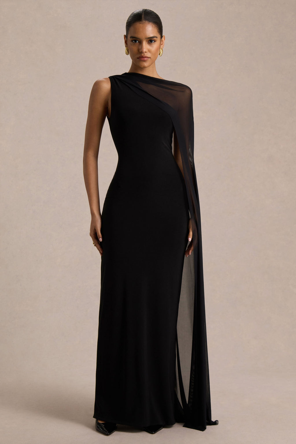 Mirelle | Black Jersey Boat Neck Maxi Dress With Mesh Cape And Back Split