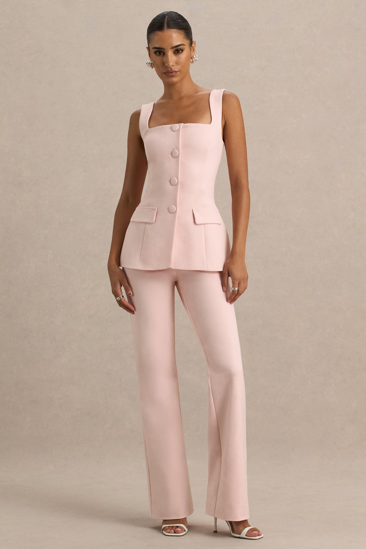 Aceline | Baby Pink Square-Neck Tailored Jumpsuit