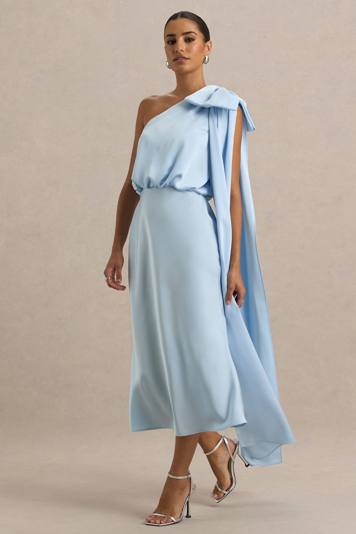 Celestia | Powder Blue Satin Asymmetric-Neck Midi Dress With Cape Detail