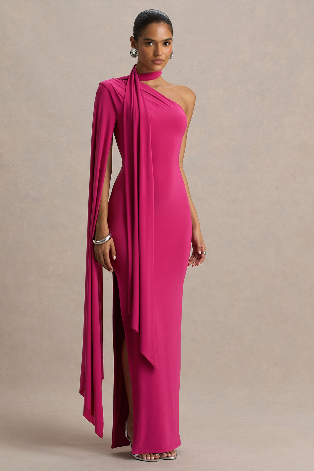 Amal | Hot Pink Asymmetric-Neck Maxi Dress With Scarf and Cape Detail
