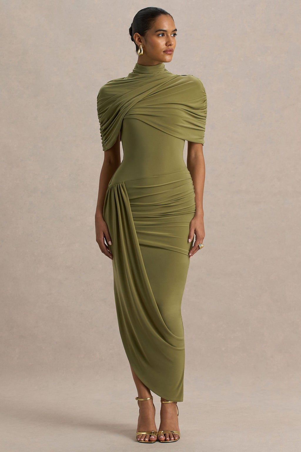 Enchant | Olive Asymmetric Twisted Cape Midi Dress