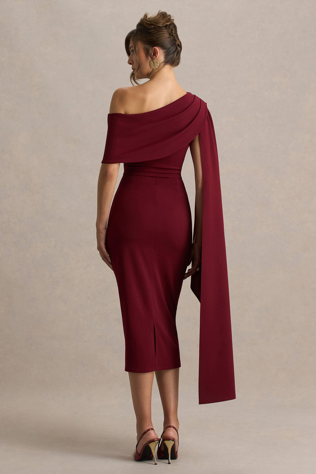 Leah | Burgundy Asymmetric-Neck Midi Dress With Cape-Sleeve