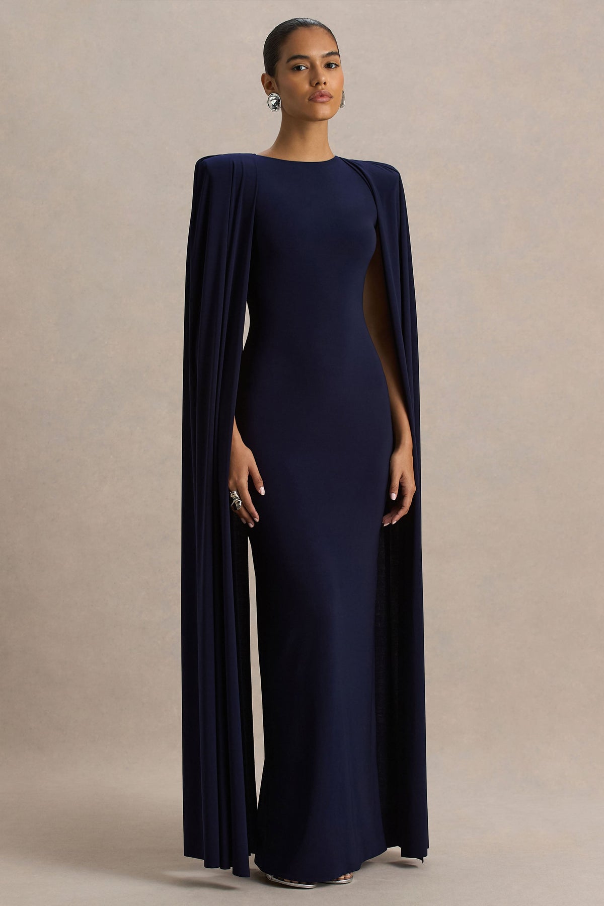 Mimi | Navy Jersey Round Neck Long Sleeve Maxi Dress With Cape