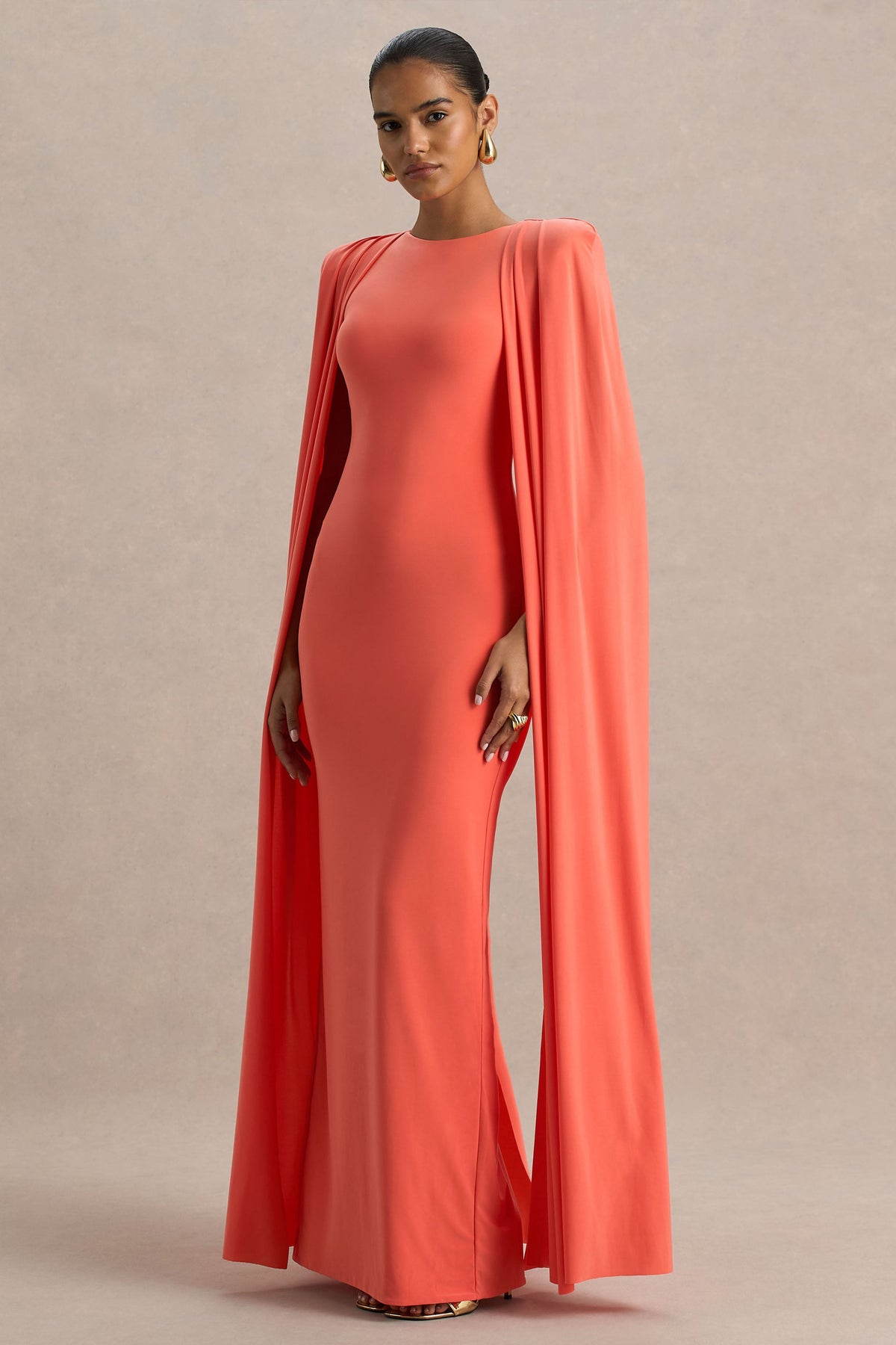 Mimi | Coral Jersey Round Neck Long Sleeve Maxi Dress With Cape