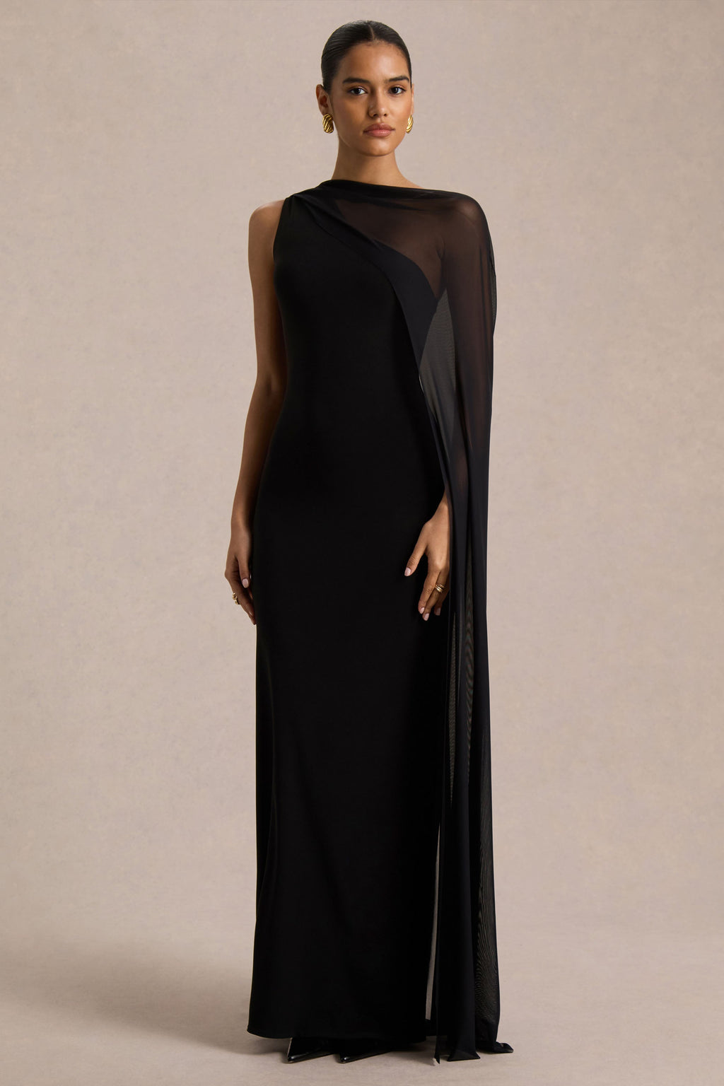Mirelle | Black Jersey Boat Neck Maxi Dress With Mesh Cape And Back Split