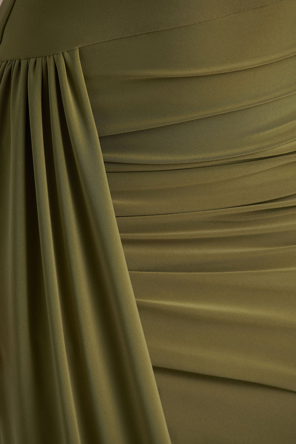Enchant | Olive Asymmetric Twisted Cape Midi Dress