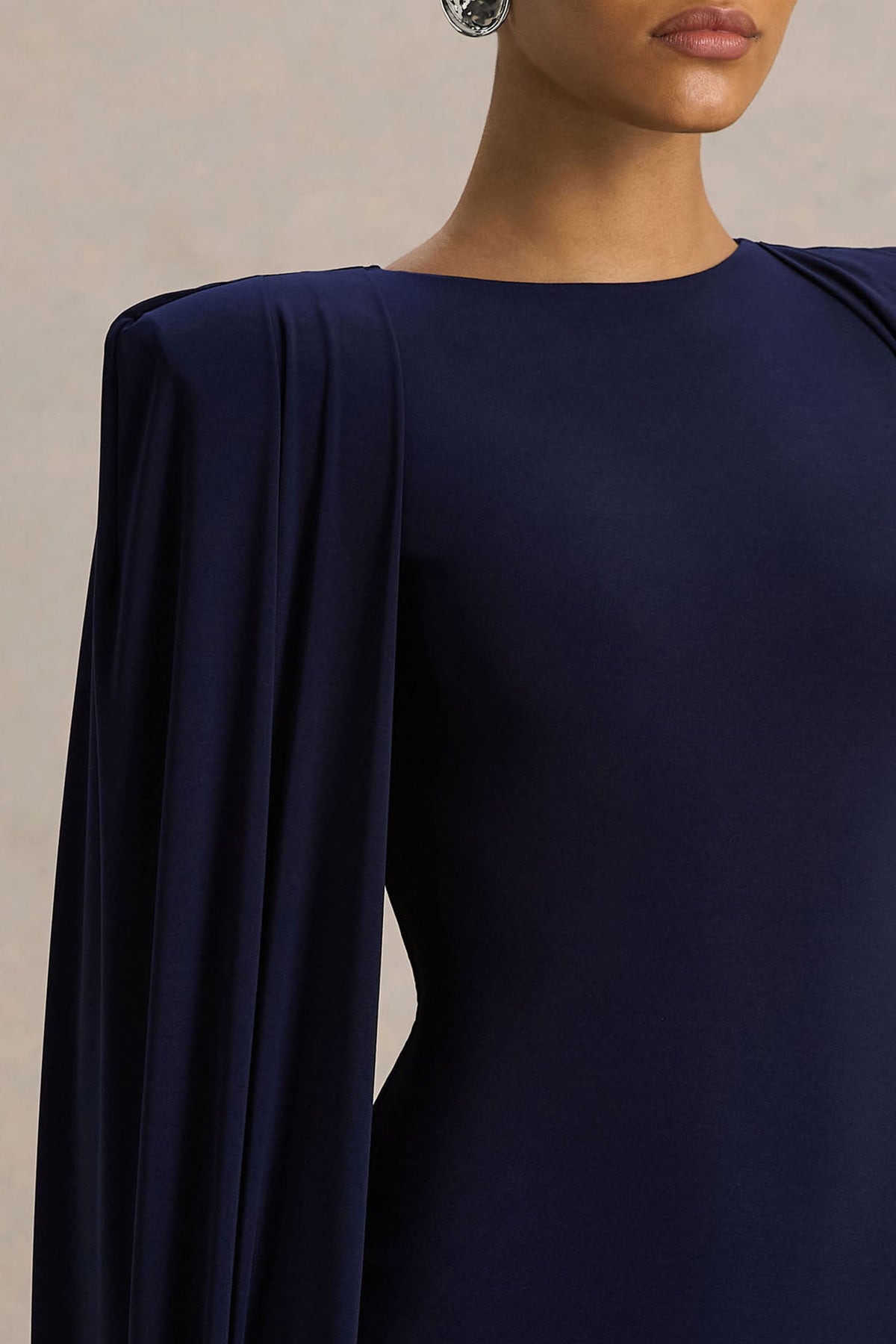 Mimi | Navy Jersey Round Neck Long Sleeve Maxi Dress With Cape