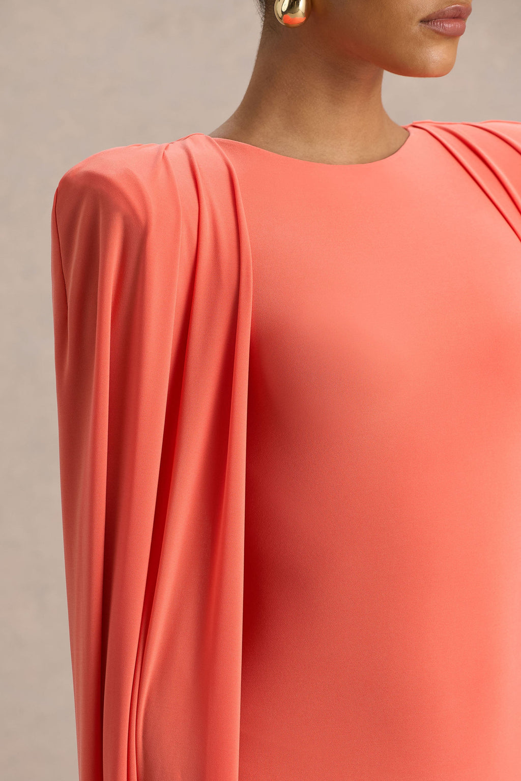Mimi | Coral Jersey Round Neck Long Sleeve Maxi Dress With Cape