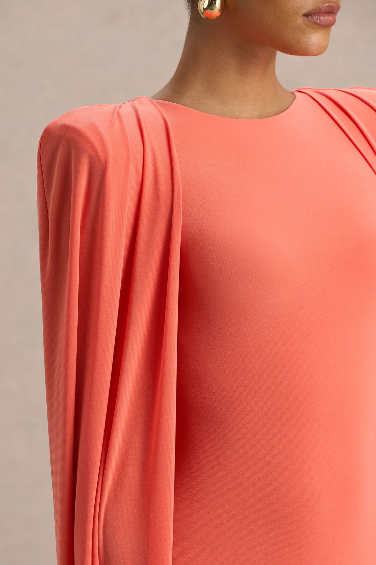 Mimi | Coral Jersey Round Neck Long Sleeve Maxi Dress With Cape