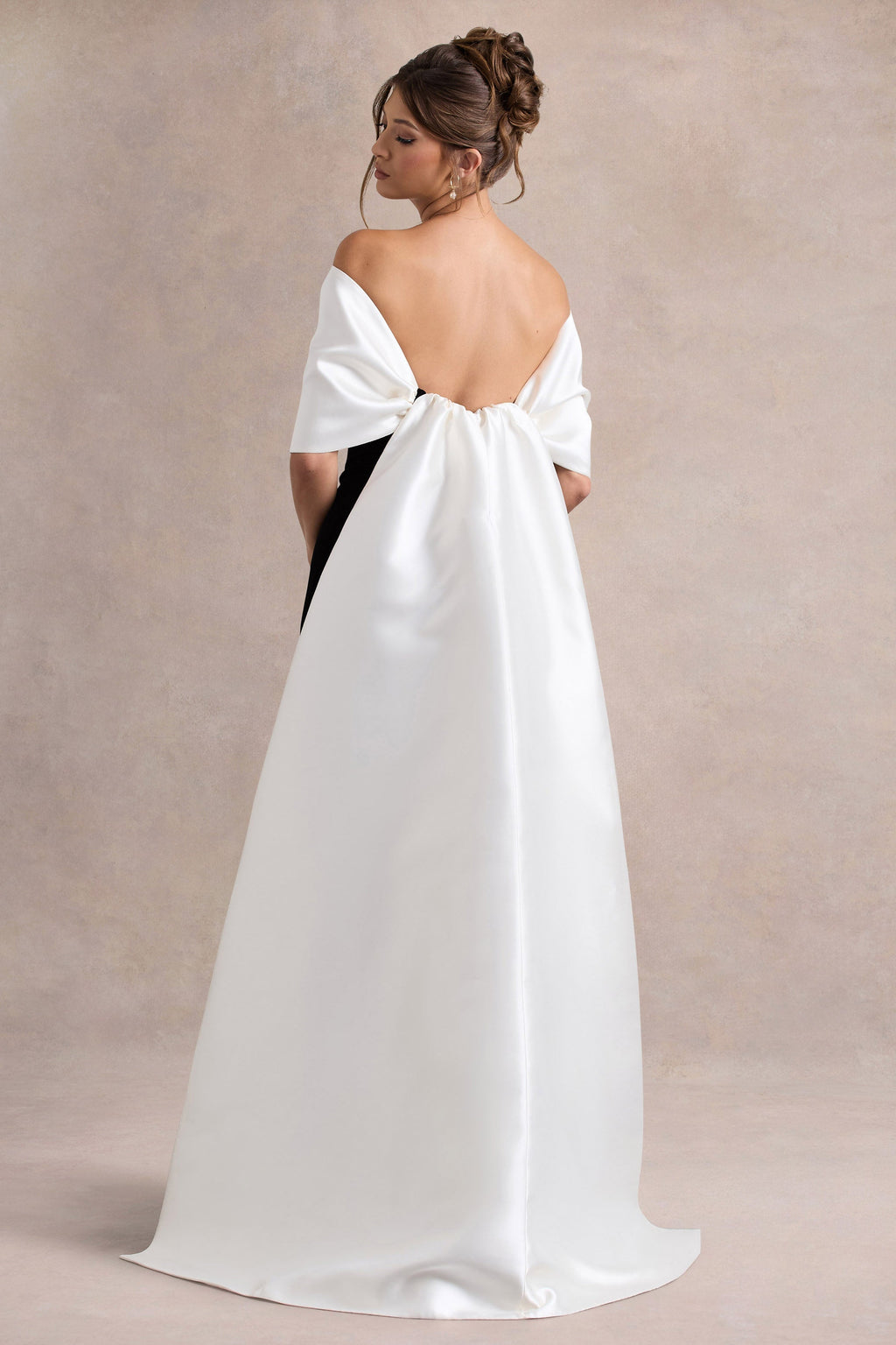 Wanting More | Black & White Satin Cape Maxi Dress With Oversized Bow