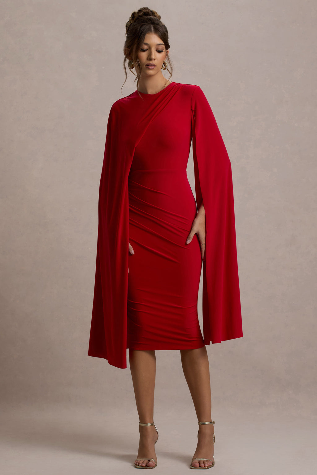 Marysol | Red Asymmetric Cape Midi Dress