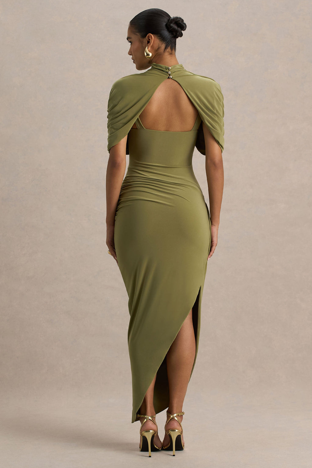 Enchant | Olive Asymmetric Twisted Cape Midi Dress
