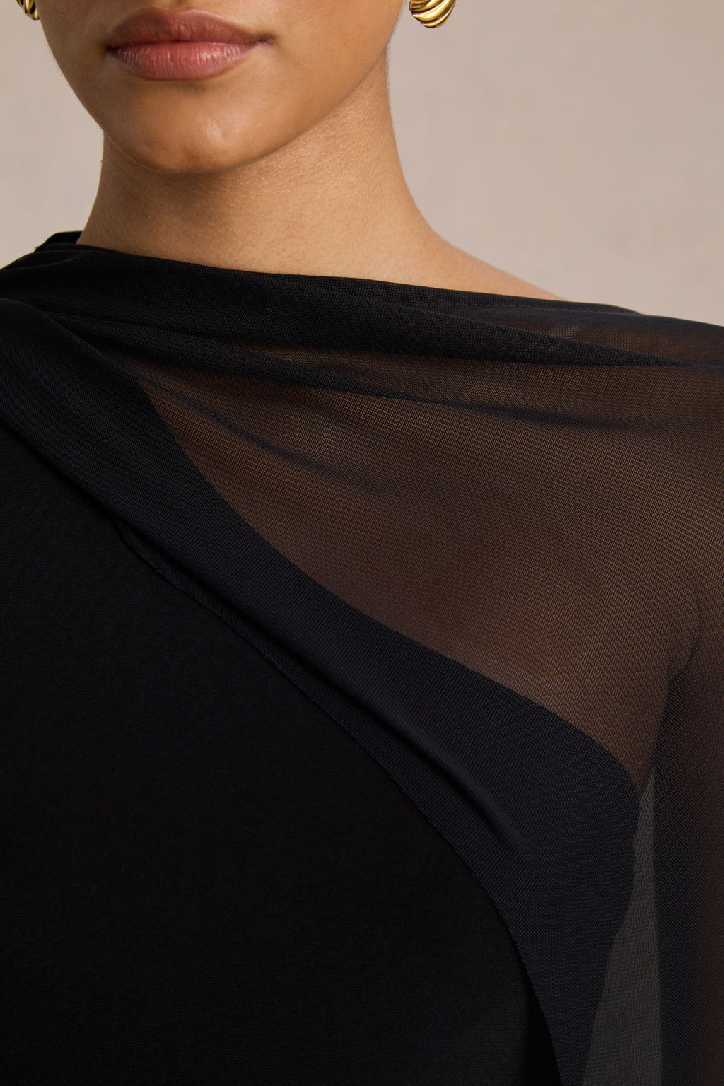 Mirelle | Black Jersey Boat Neck Maxi Dress With Mesh Cape And Back Split