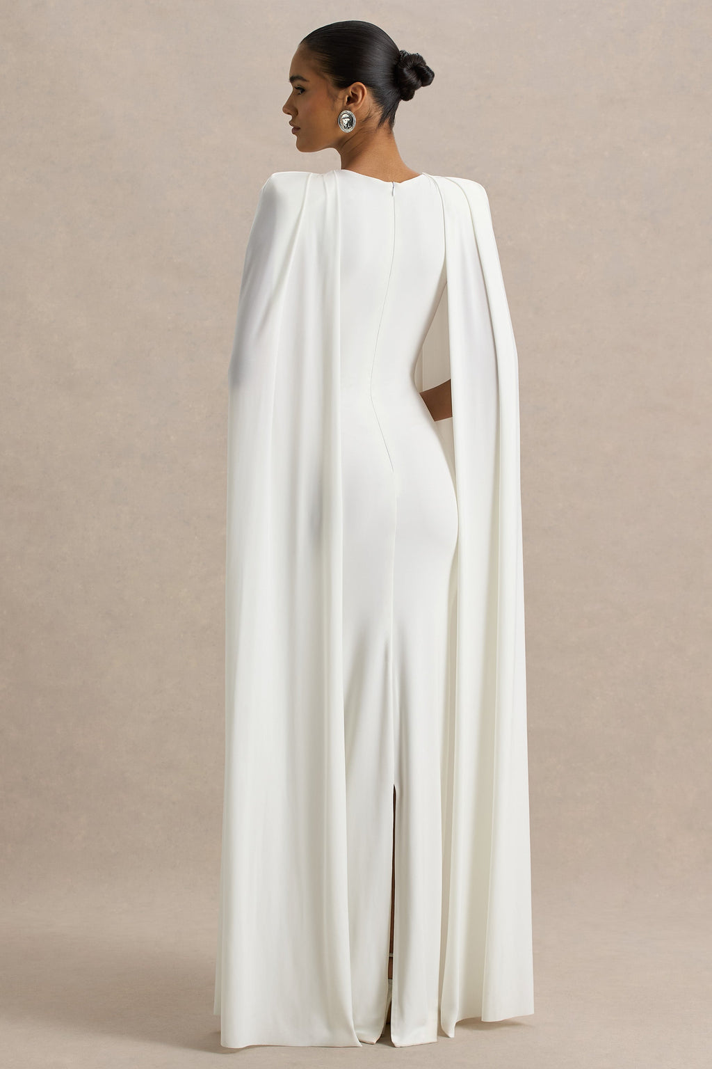 Mimi | White Jersey Round Neck Long Sleeve Maxi Dress With Cape