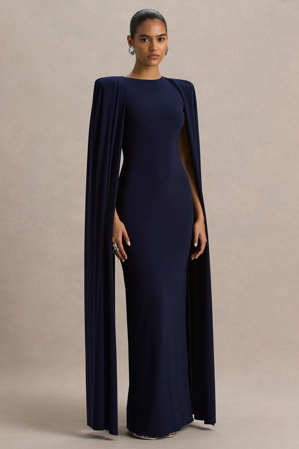 Mimi | Navy Jersey Round Neck Long Sleeve Maxi Dress With Cape