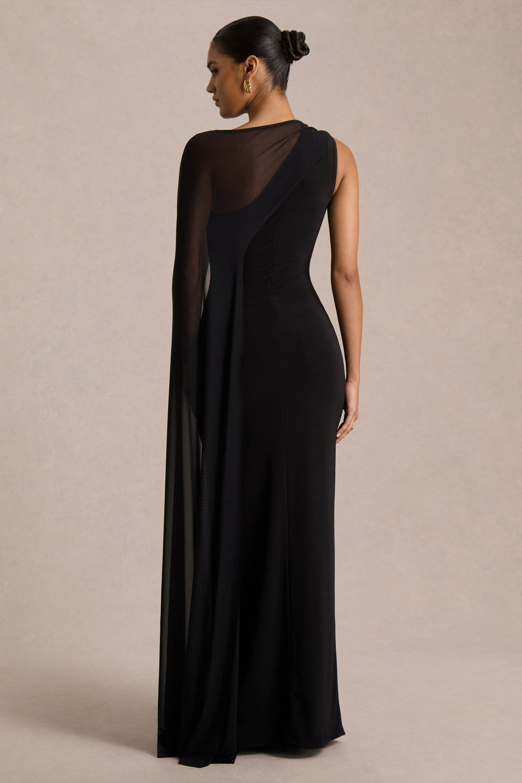 Mirelle | Black Jersey Boat Neck Maxi Dress With Mesh Cape And Back Split