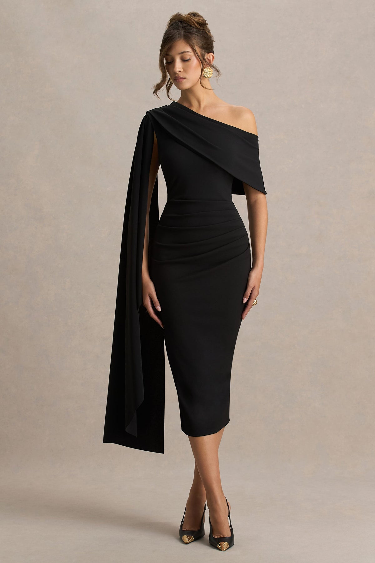 Leah | Black Asymmetric-Neck Midi Dress With Cape-Sleeve