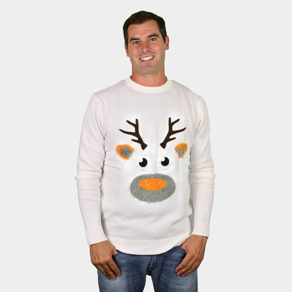 Womens White 3D Cotton Ugly Christmas Sweater with Hairy Reindeer