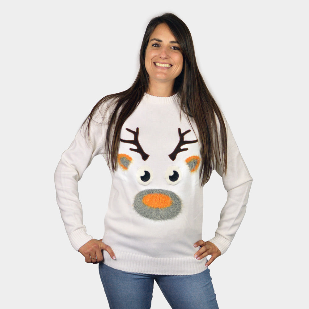 Womens White 3D Cotton Ugly Christmas Sweater with Hairy Reindeer