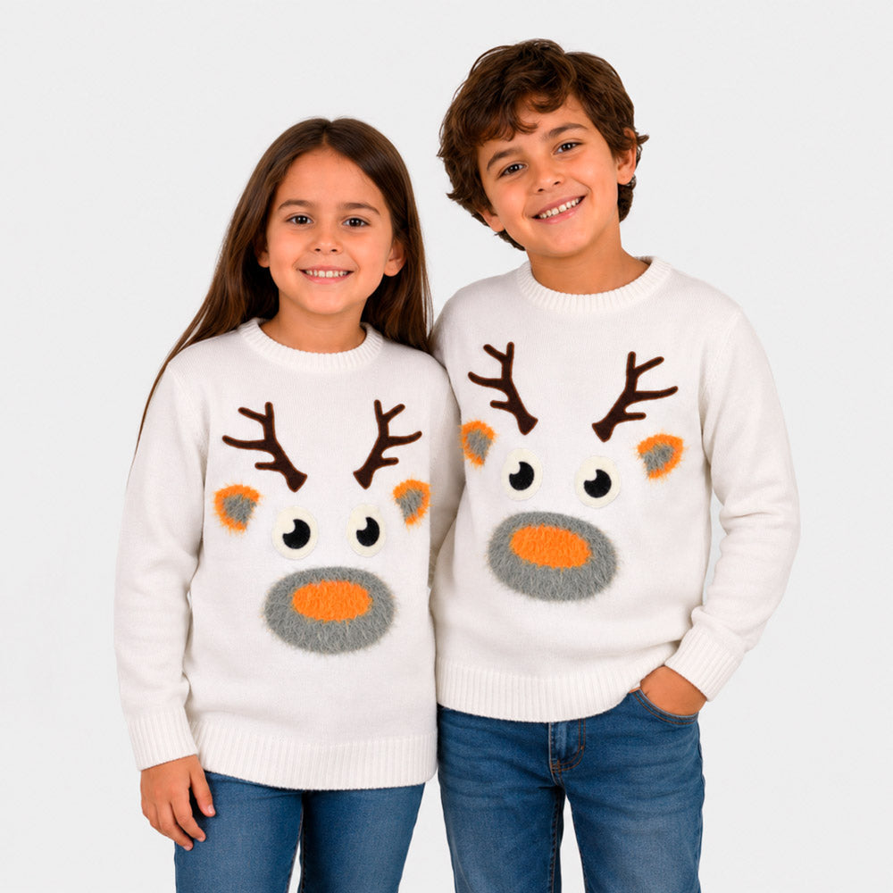 Womens White 3D Cotton Ugly Christmas Sweater with Hairy Reindeer