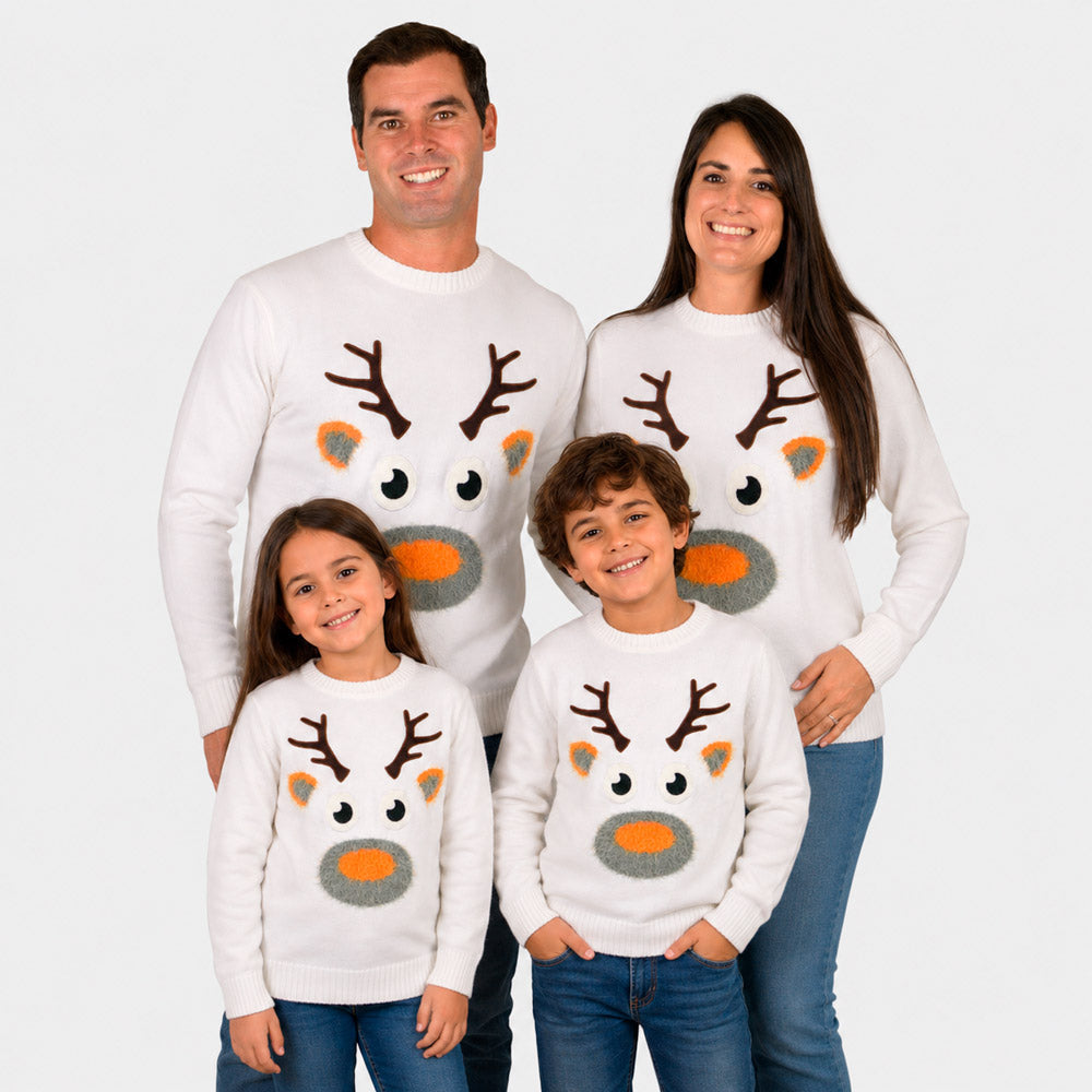 Womens White 3D Cotton Ugly Christmas Sweater with Hairy Reindeer