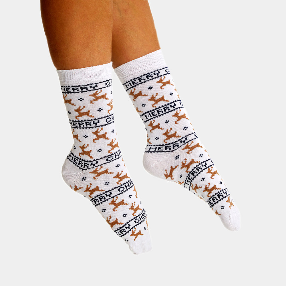 Classy White Unisex Ugly Christmas Socks with Reindeers