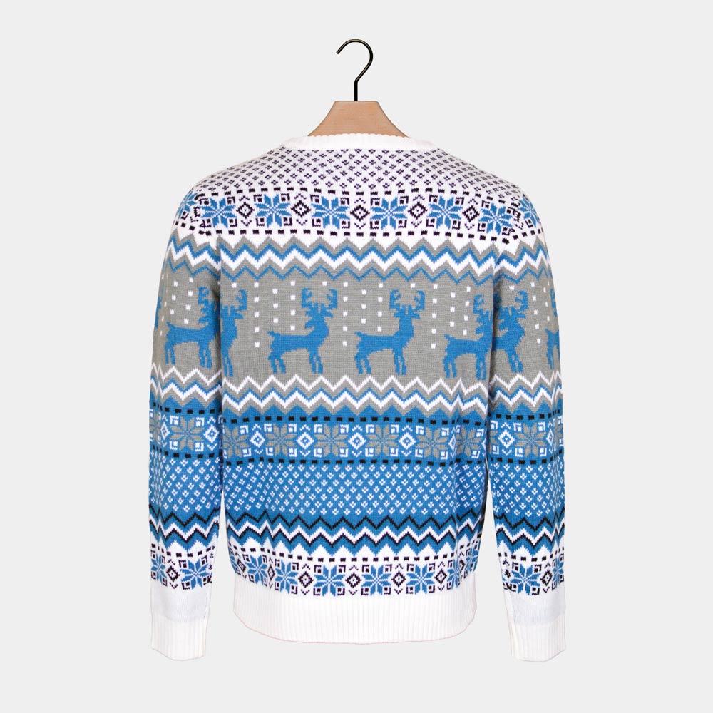 Womens Classy White, Grey and Blue Ugly Christmas Sweater with Reindeer