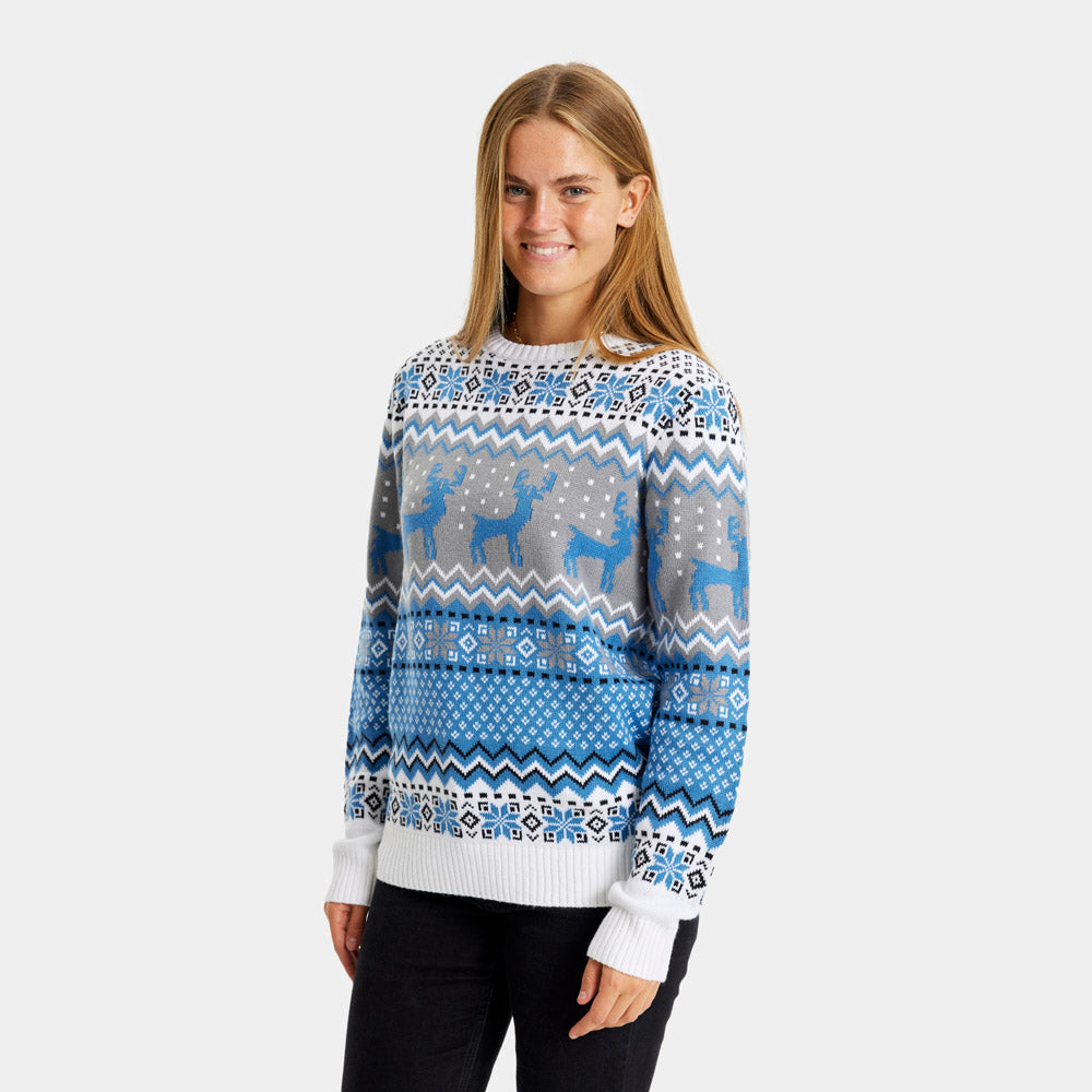 Womens Classy White, Grey and Blue Ugly Christmas Sweater with Reindeer