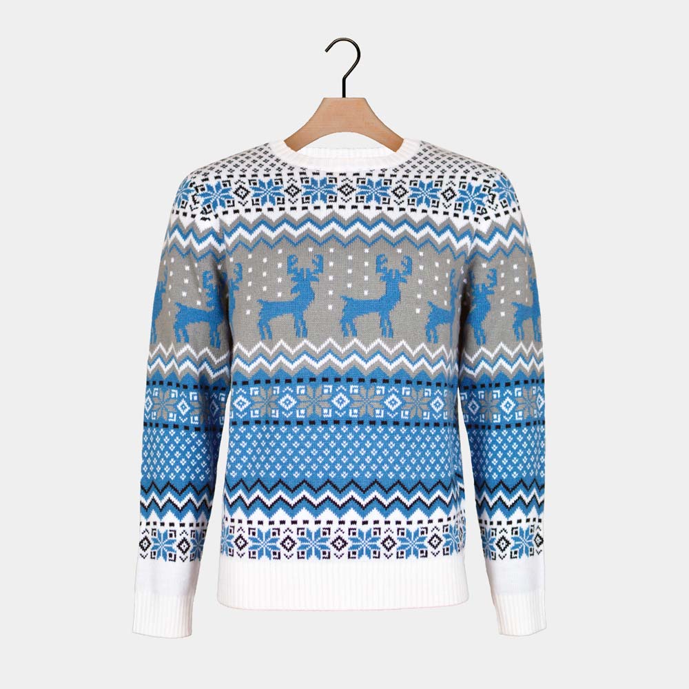 Womens Classy White, Grey and Blue Ugly Christmas Sweater with Reindeer
