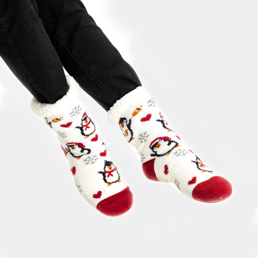 White Fuzzy Christmas Socks with Penguins and Hearts