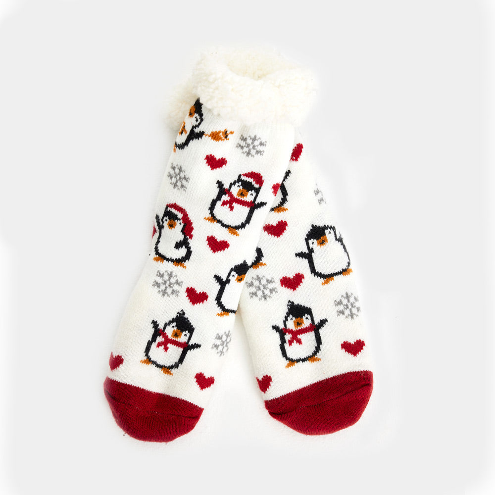 White Fuzzy Christmas Socks with Penguins and Hearts