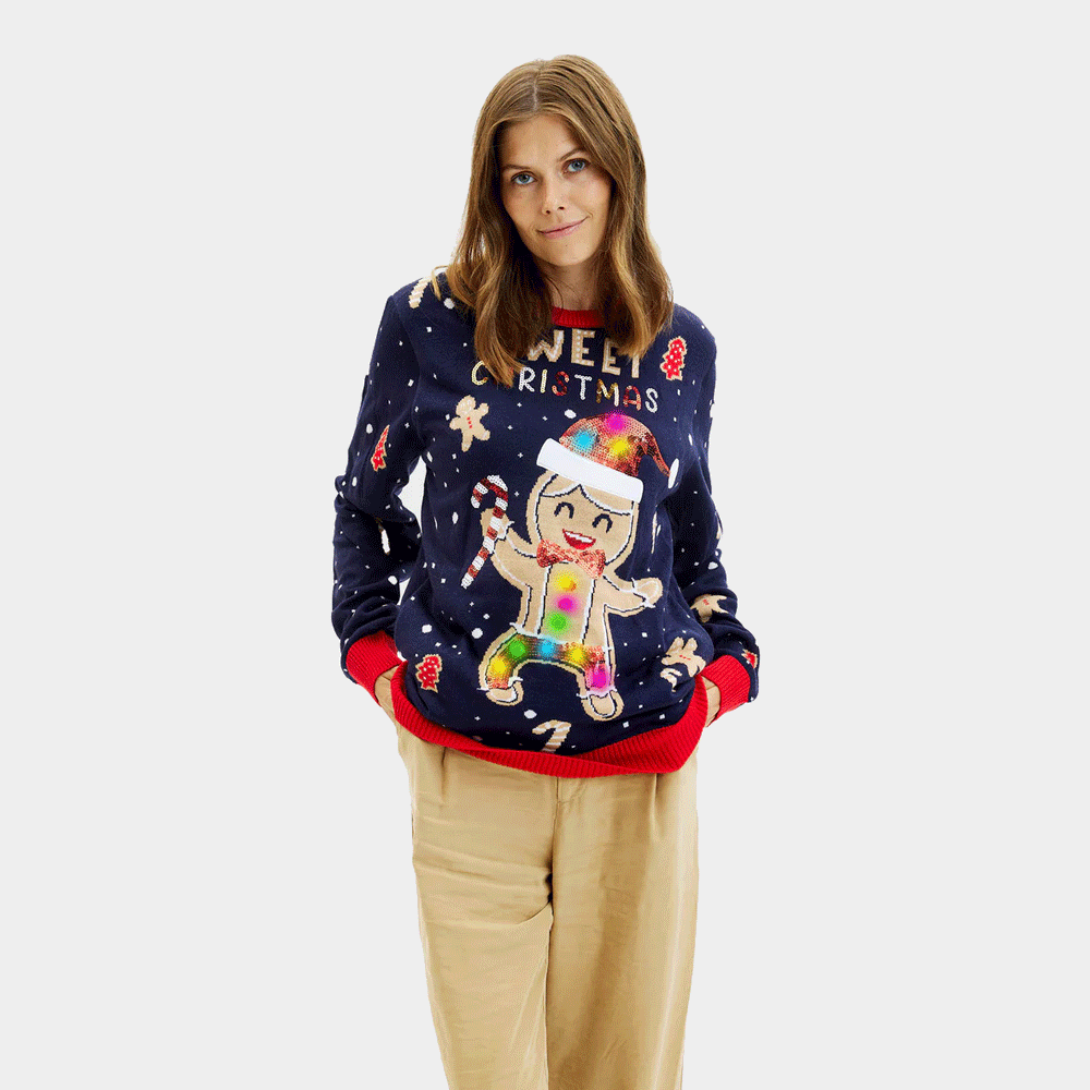 Womens Blue LED light-up Ugly Christmas Sweater with Ginger Cookie