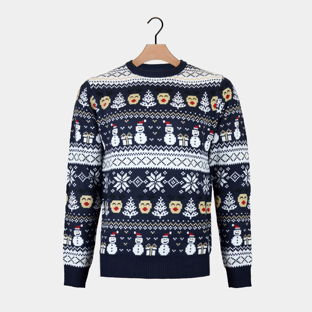 Womens Blue Ugly Christmas Sweater with Snowmen and Trees