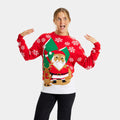 Womens Red Ugly Christmas Sweater with Santa and Reindeer Greeting