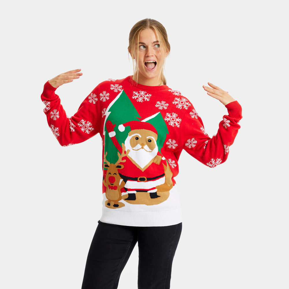 Womens Red Ugly Christmas Sweater with Santa and Reindeer Greeting