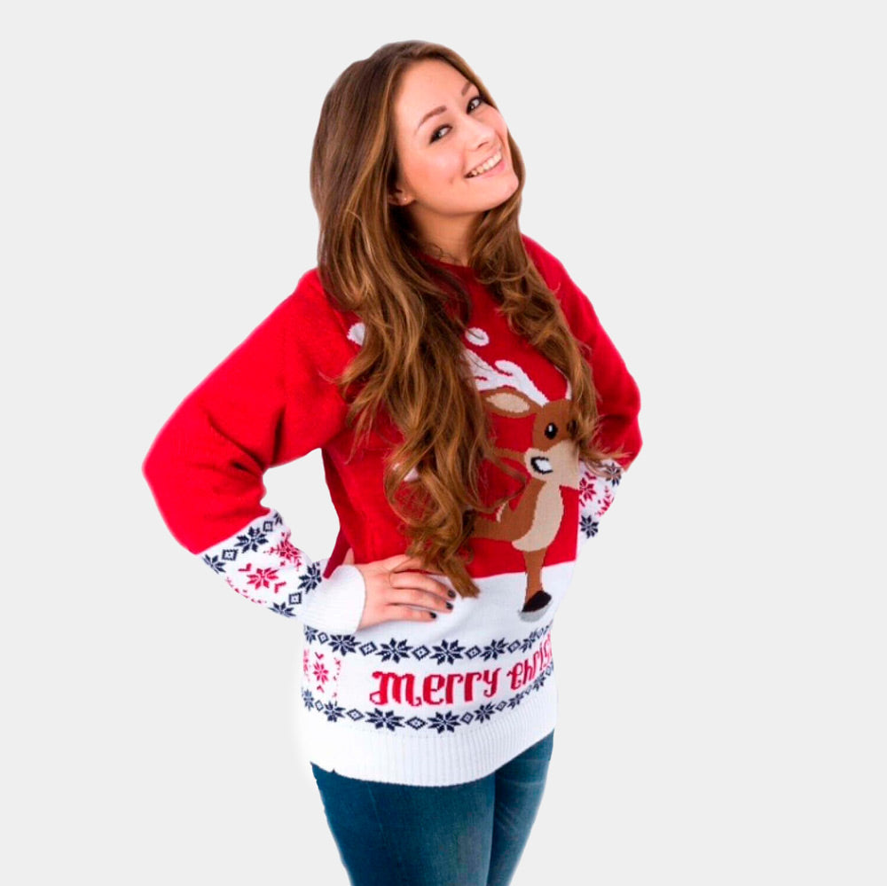 Womens Red Ugly Christmas Sweater with Skating Reindeer